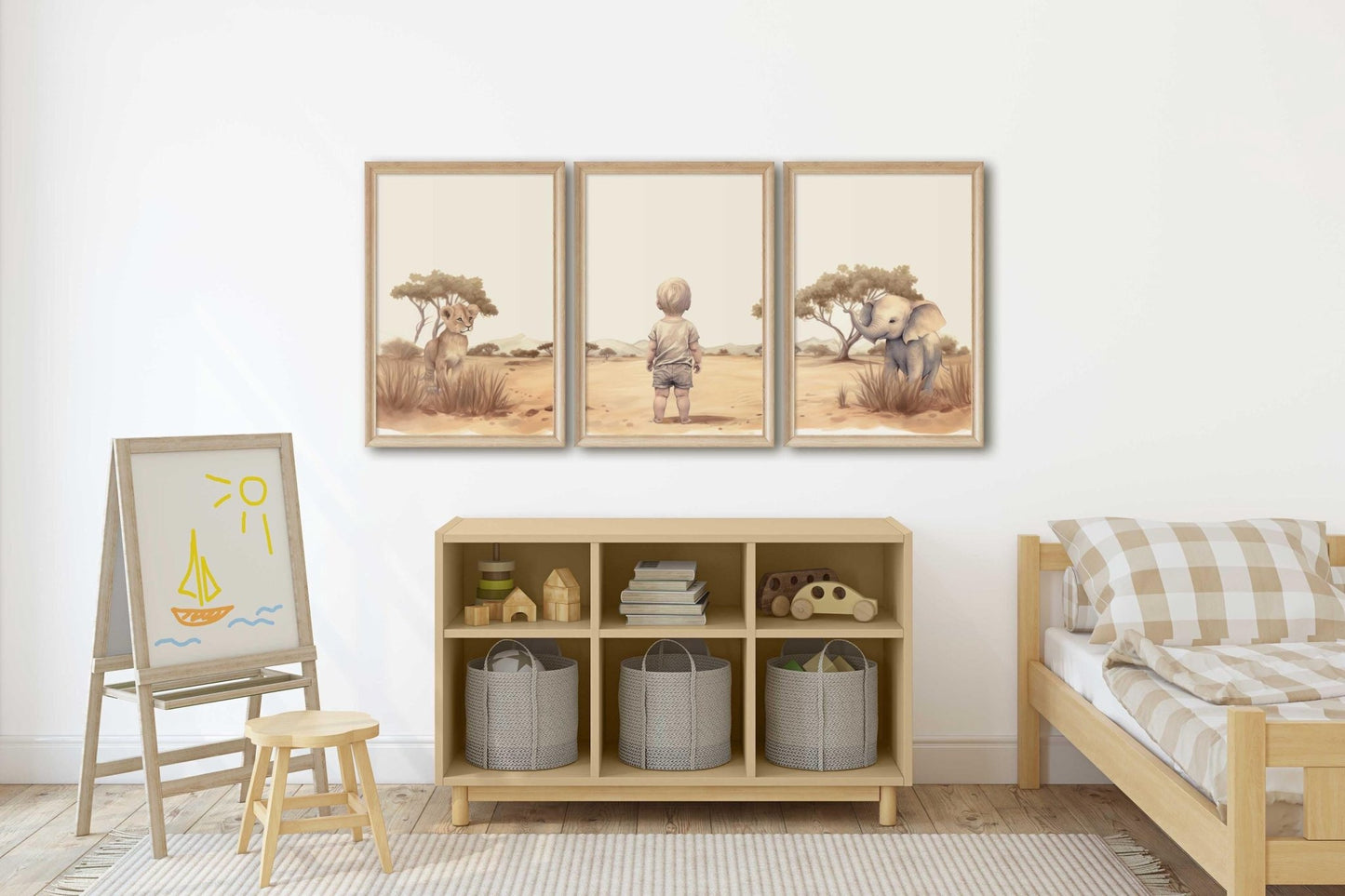 Blonde Boy in African Savanna Wall Art | Toddler Room with Lion & Elephant Decor - WildfieldPrints