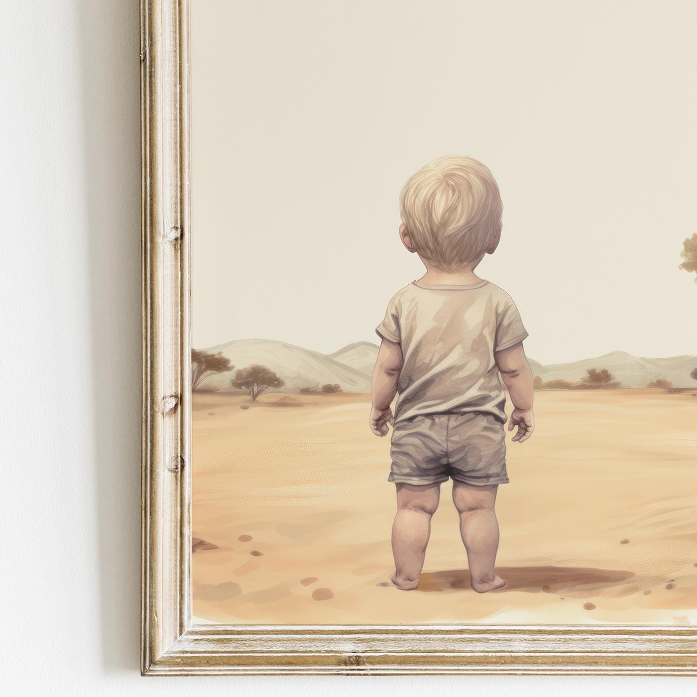 Blonde Boy in African Savanna Wall Art | Toddler Room with Lion & Elephant Decor - WildfieldPrints