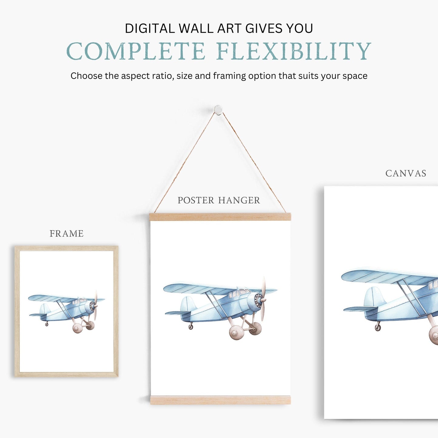 Blue Airplane Nursery Decor, Pastel Wall Art, Vintage Transportation Print - WildfieldPrints