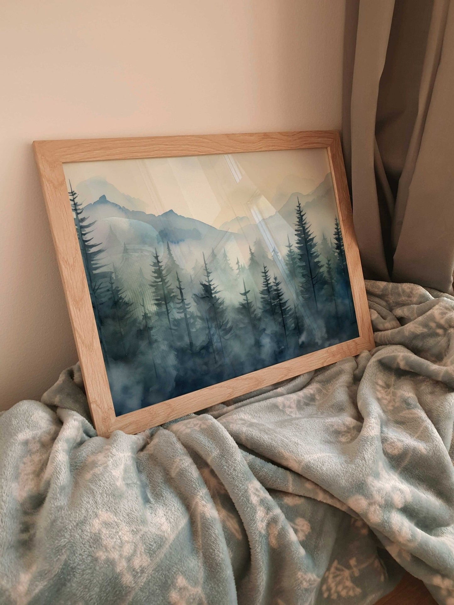 Blue Forest Prints, Watercolor Landscape Decor, Nature Wall Art - WildfieldPrints