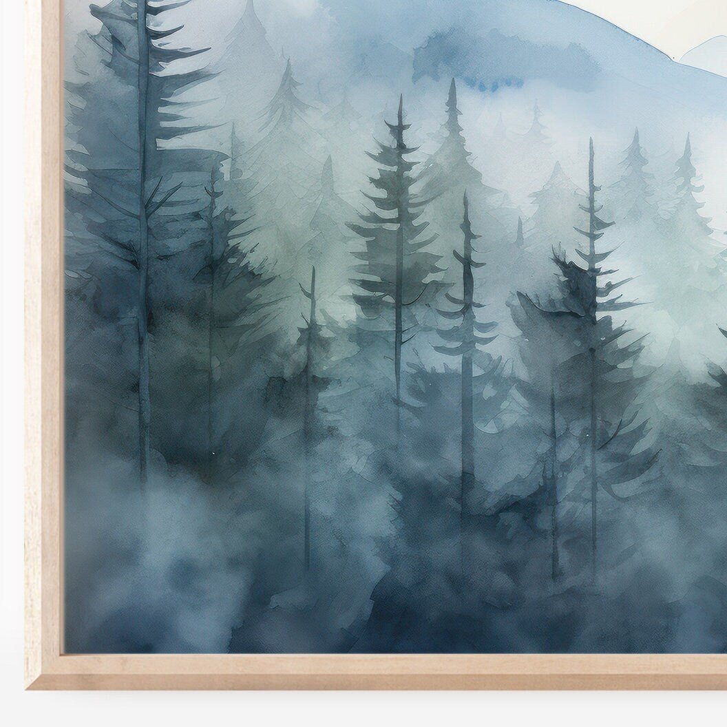 Blue Forest Prints, Watercolor Landscape Decor, Nature Wall Art - WildfieldPrints