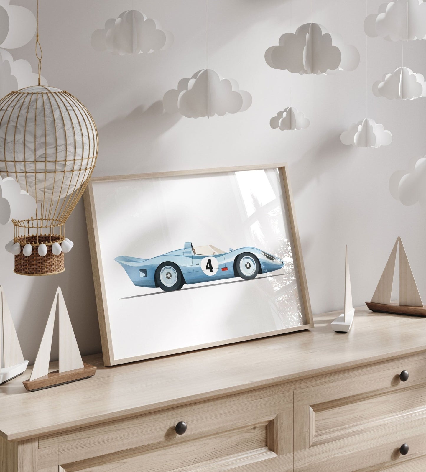 Blue Vintage Racing Car Print, Nursery Wall Decor, Cool Boys Room Art - WildfieldPrints