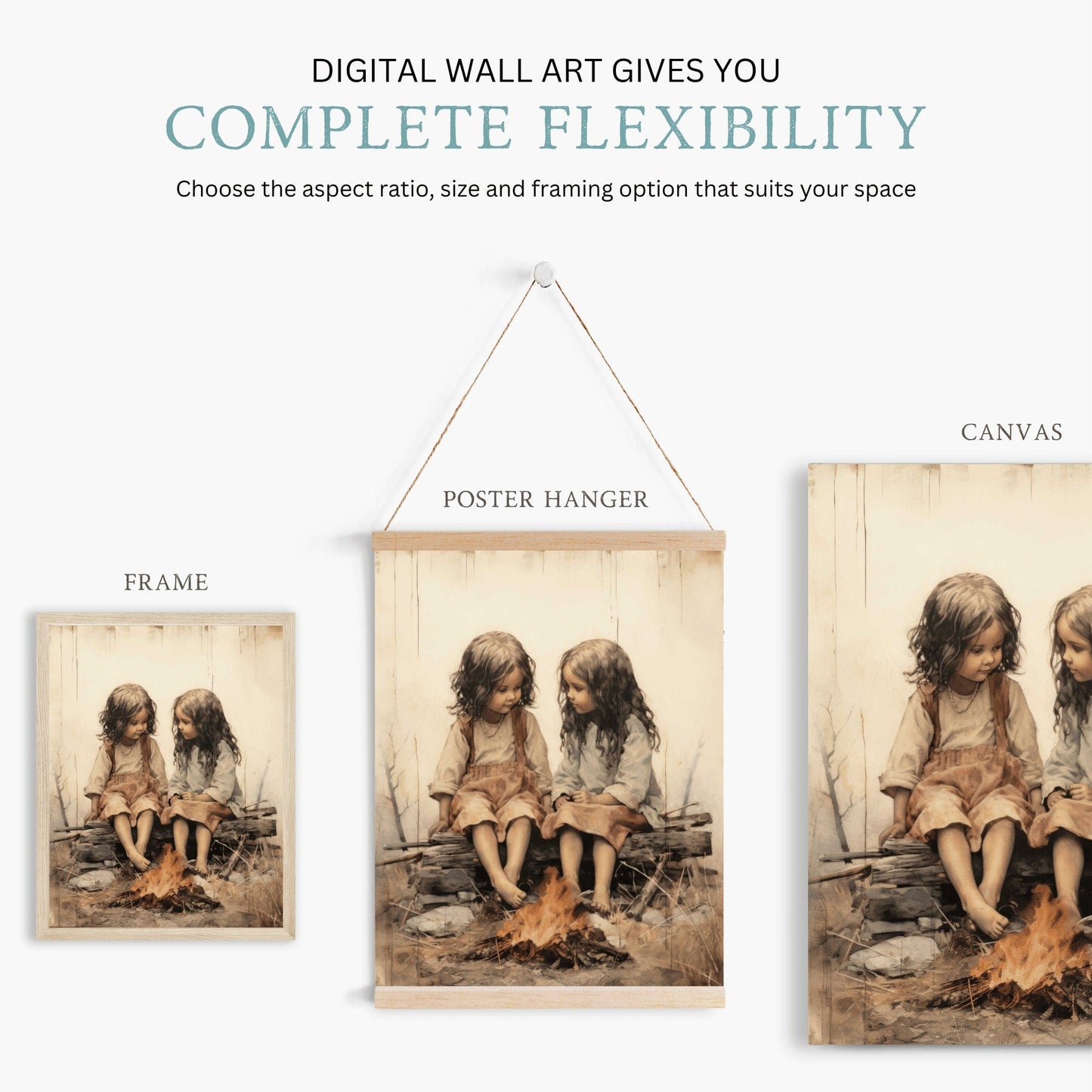 Bohemian Campfire Portrait, Vintage Decor for Dreamy Nurseries - WildfieldPrints