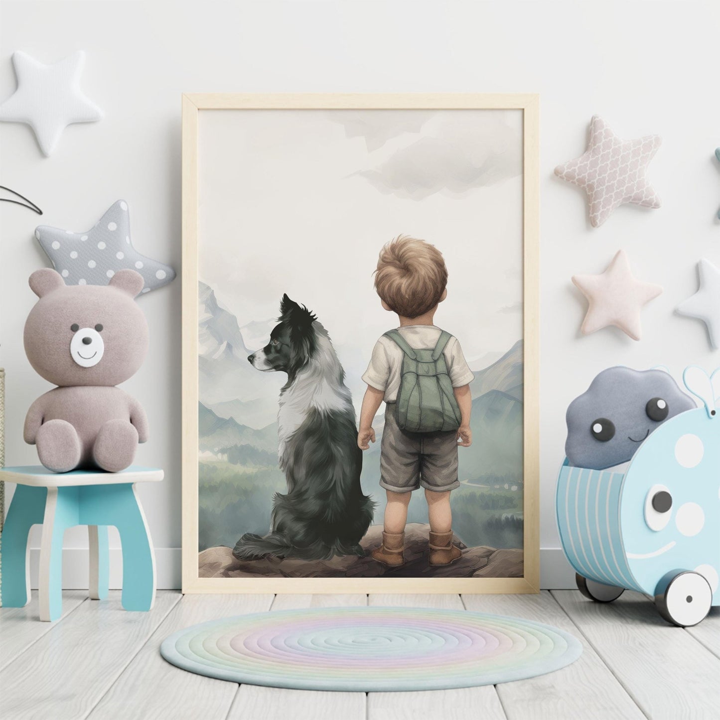 Border Collie Nursery Art, Boy & Dog Print, Dog - Themed Wall Decor - WildfieldPrints