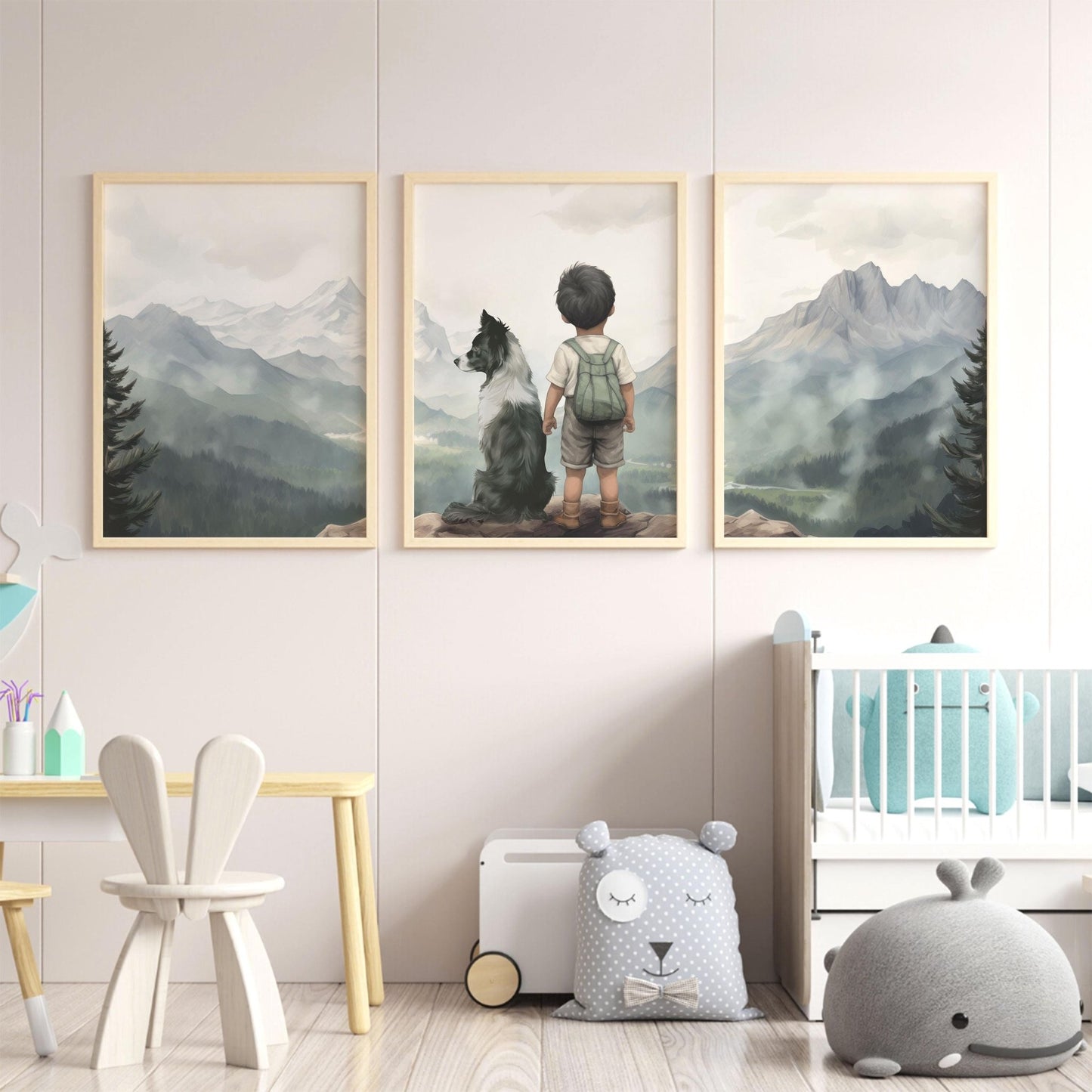 Border Collie Nursery Decor, Boy & Dog Artwork, Nursery Wall Art - WildfieldPrints