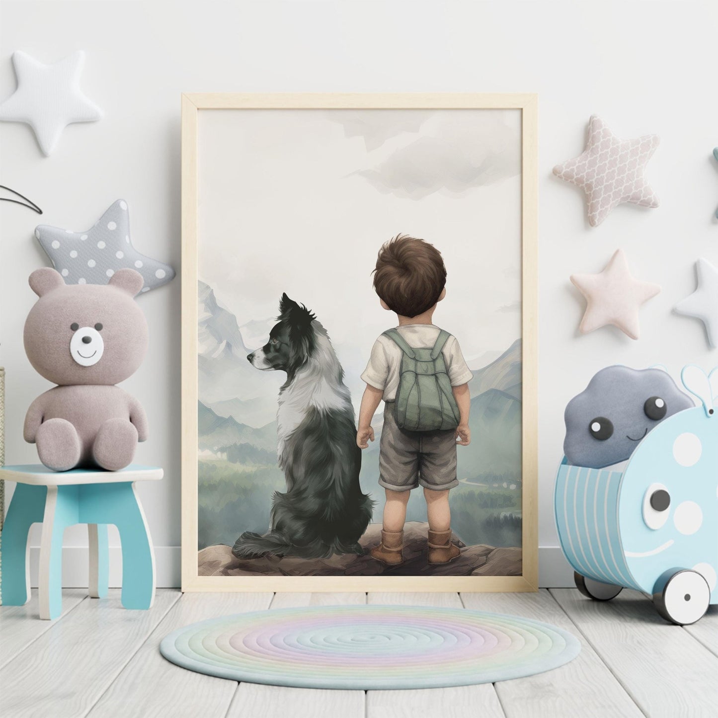 Border Collie Nursery Decor, Boy & Dog Print, Dog Wall Art - WildfieldPrints