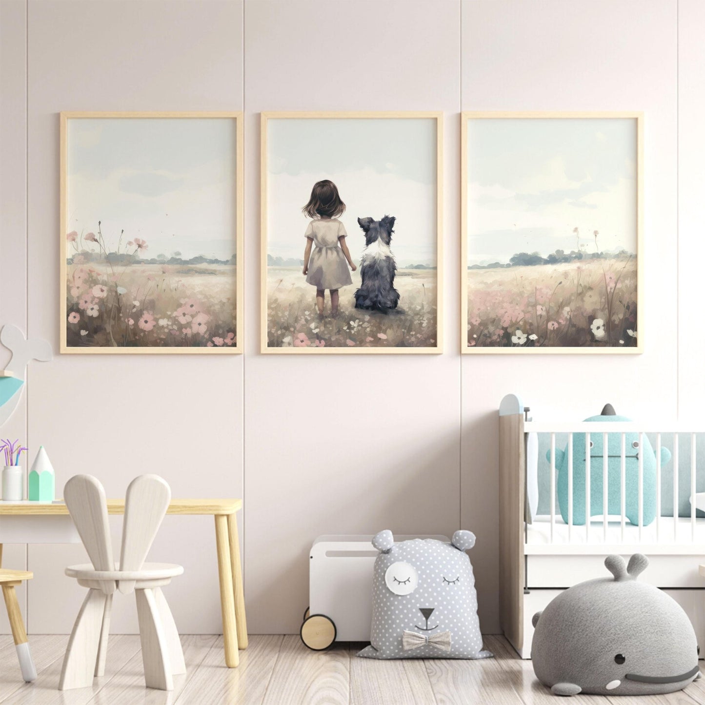 Border Collie Nursery Decor, Girl & Dog Wall Art, Girls Room Dog Print - WildfieldPrints