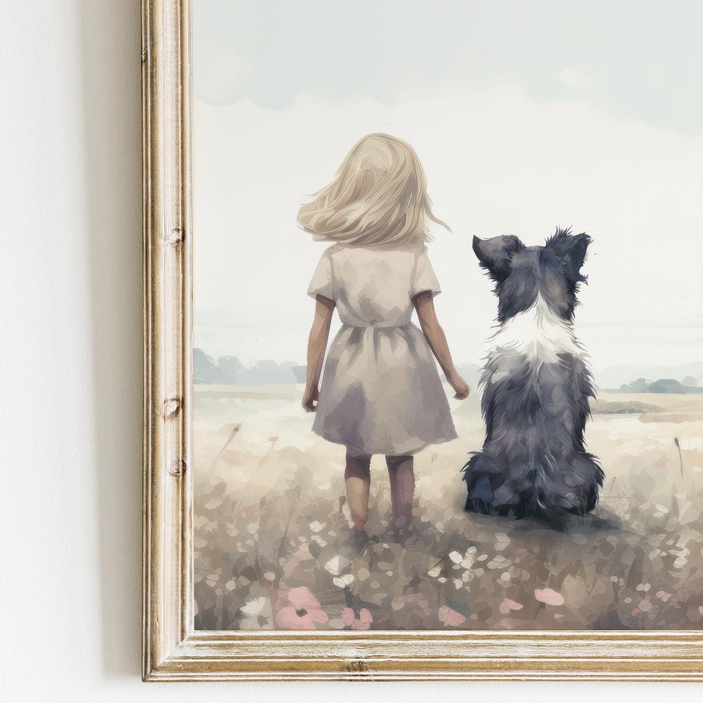 Border Collie Nursery Decor, Girl & Dog Wall Art, Girls Room Dog Print - WildfieldPrints
