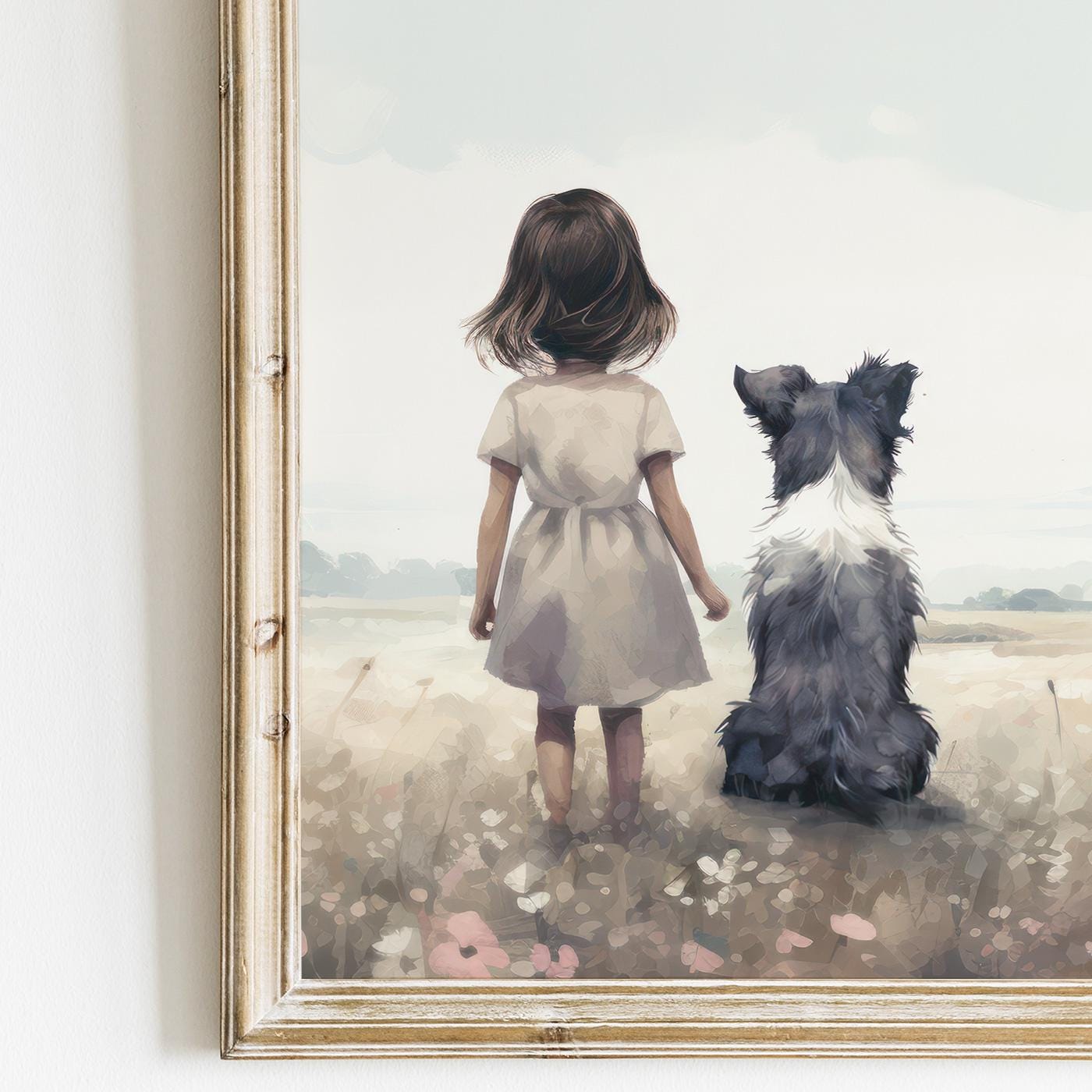 Border Collie Nursery Prints, Girl & Dog Wall Decor, Kids Room Art - WildfieldPrints