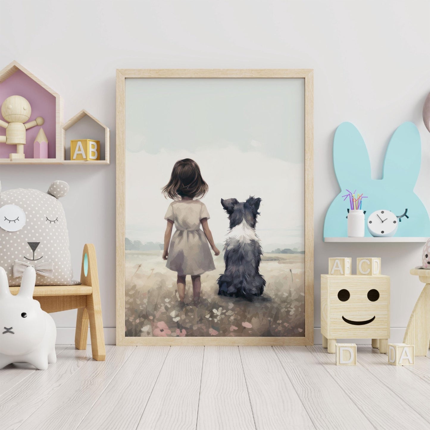 Border Collie Nursery Prints, Girl & Dog Wall Decor, Kids Room Art - WildfieldPrints