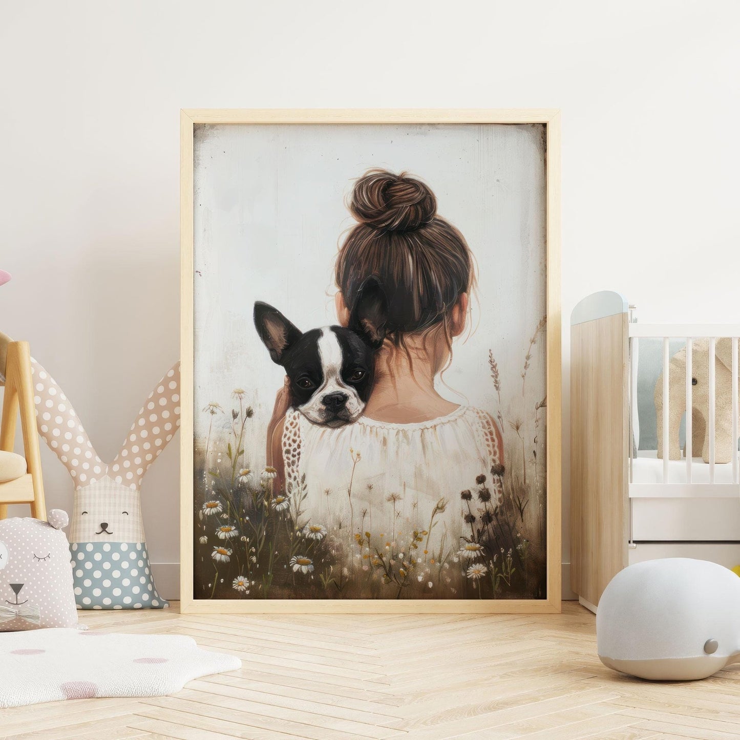 Boston Terrier Nursery Print, Dog Girl Wall Decor, Cute Pup Artwork - WildfieldPrints
