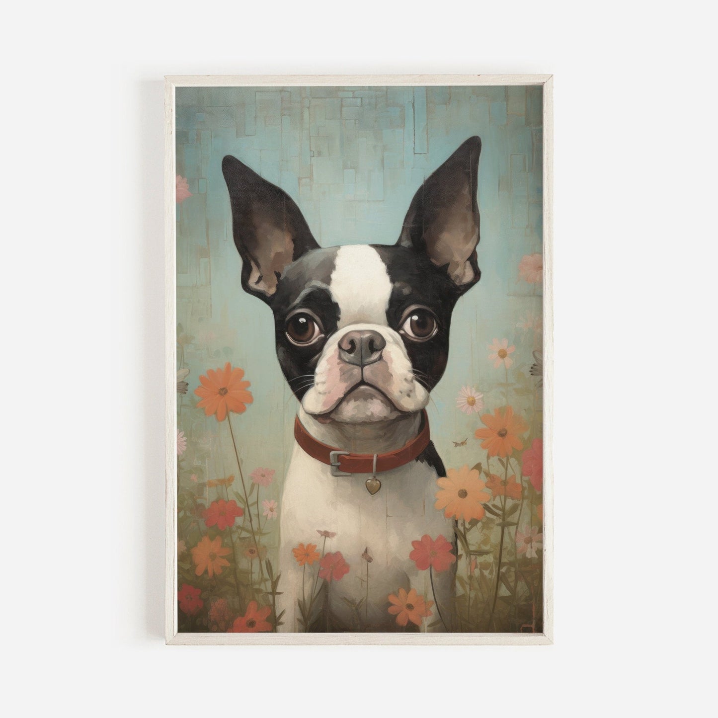 Boston Terrier Wall Art, Vintage Floral Dog Portrait, Perfect Gift - WildfieldPrints