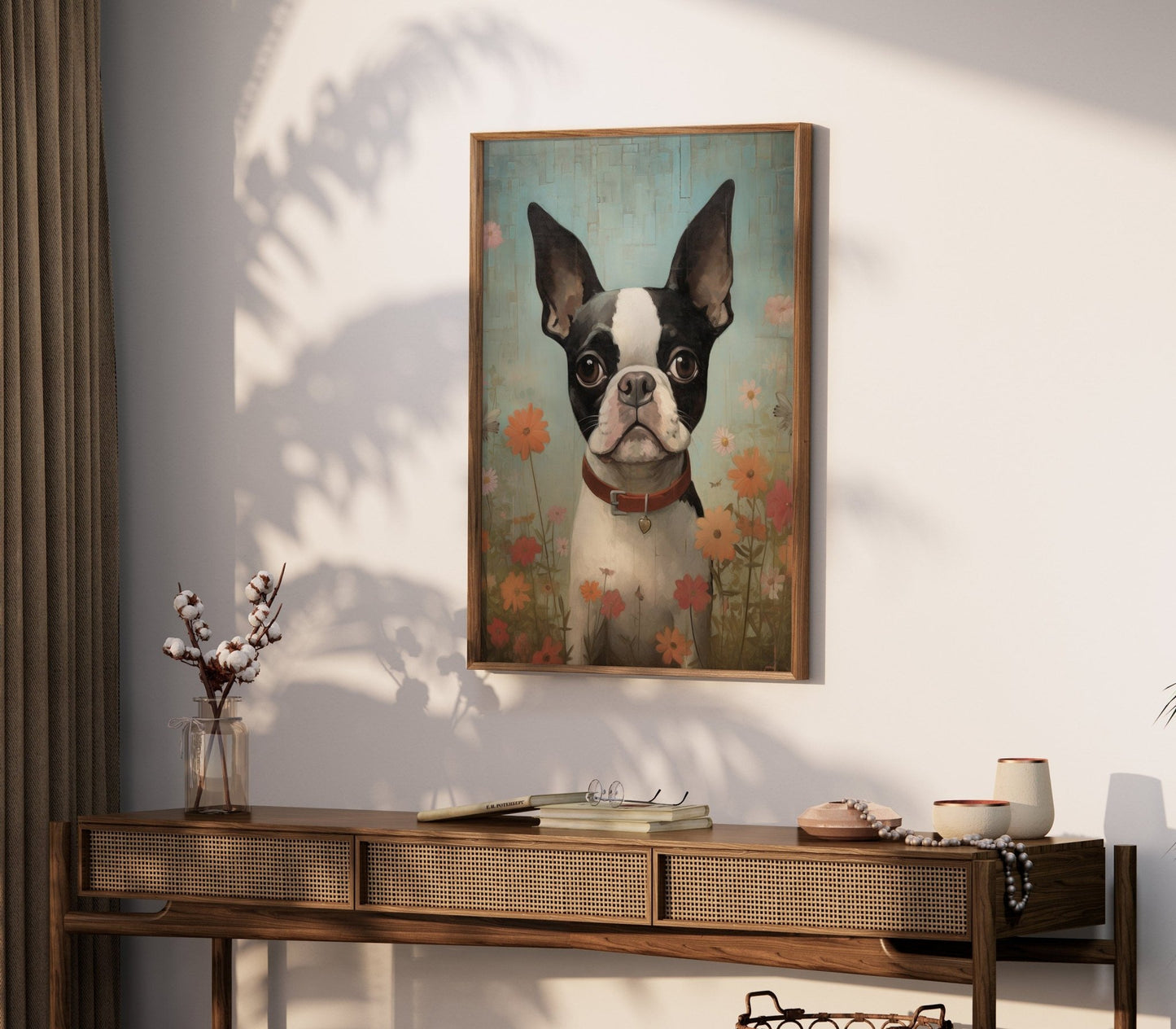 Boston Terrier Wall Art, Vintage Floral Dog Portrait, Perfect Gift - WildfieldPrints