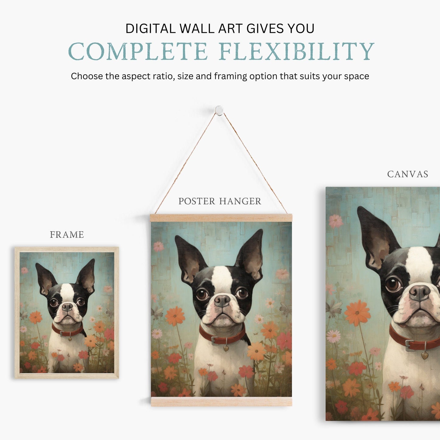 Boston Terrier Wall Art, Vintage Floral Dog Portrait, Perfect Gift - WildfieldPrints