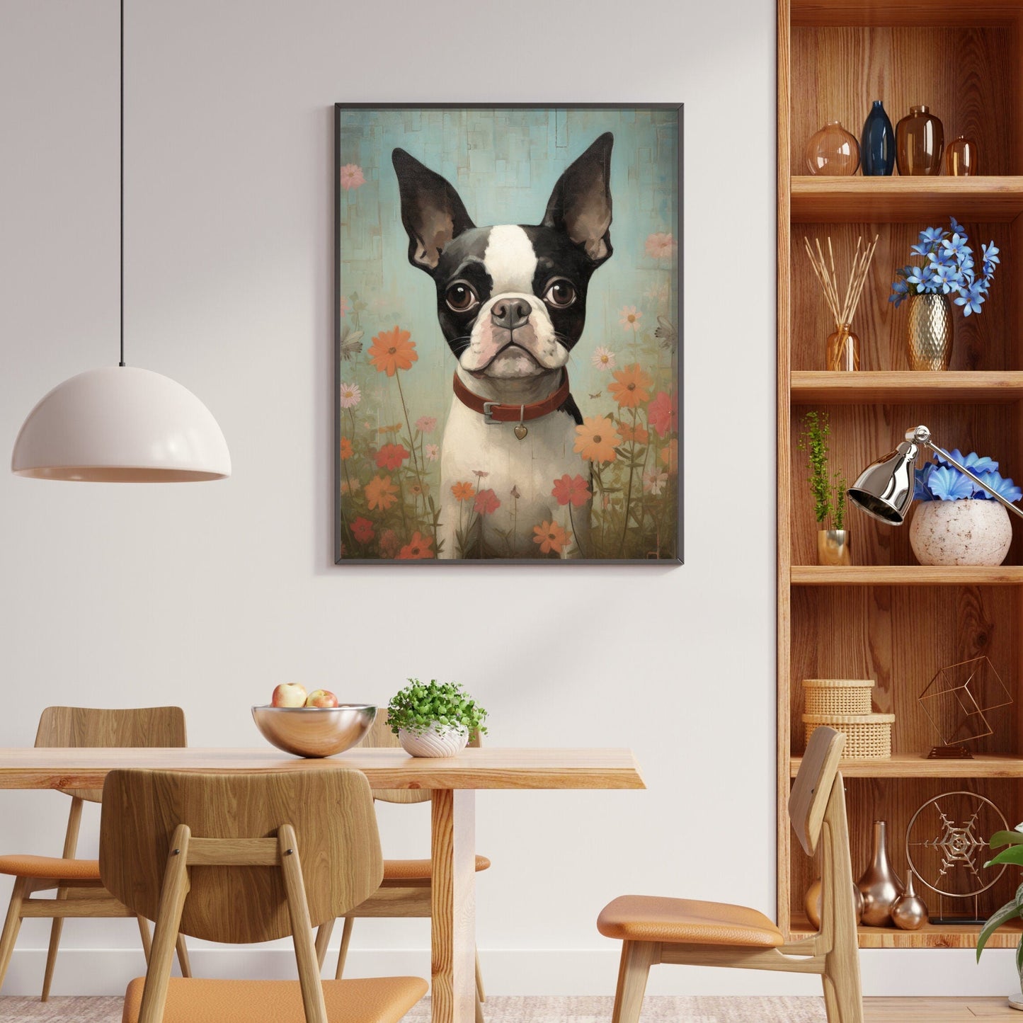 Boston Terrier Wall Art, Vintage Floral Dog Portrait, Perfect Gift - WildfieldPrints
