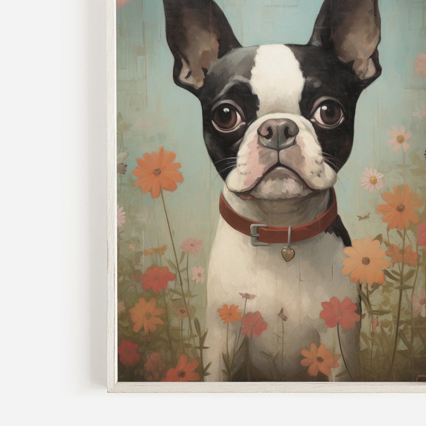 Boston Terrier Wall Art, Vintage Floral Dog Portrait, Perfect Gift - WildfieldPrints