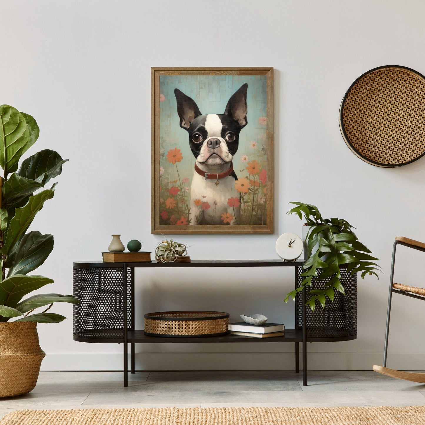 Boston Terrier Wall Art, Vintage Floral Dog Portrait, Perfect Gift - WildfieldPrints