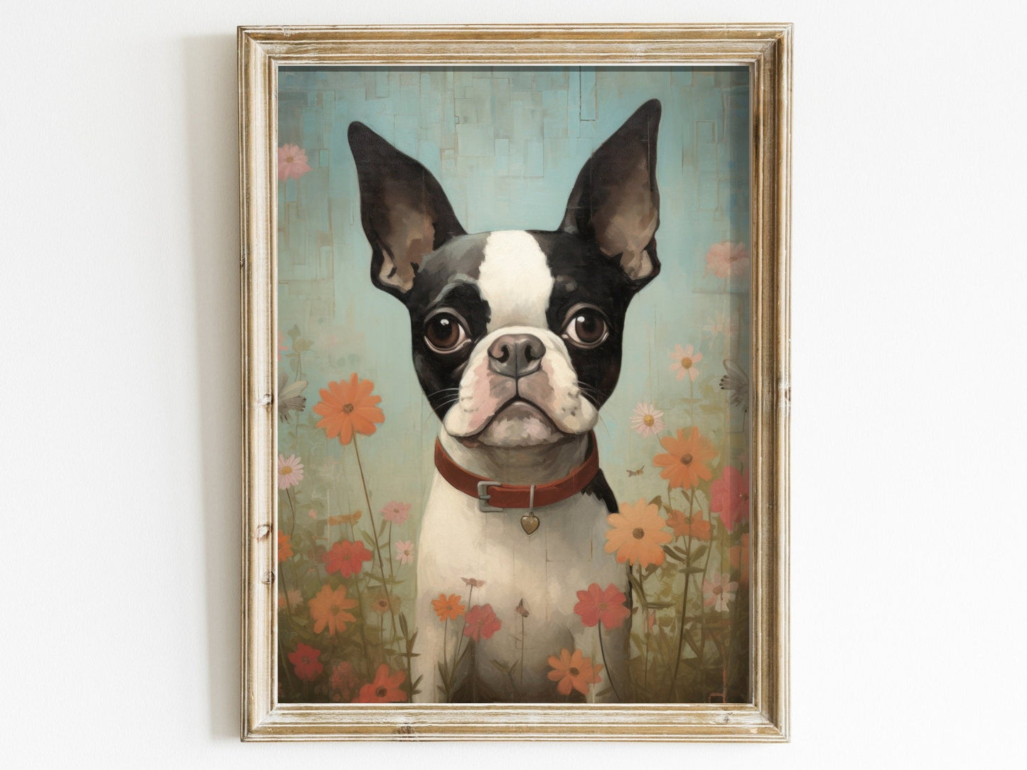 Boston Terrier Wall Art, Vintage Floral Dog Portrait, Perfect Gift - WildfieldPrints