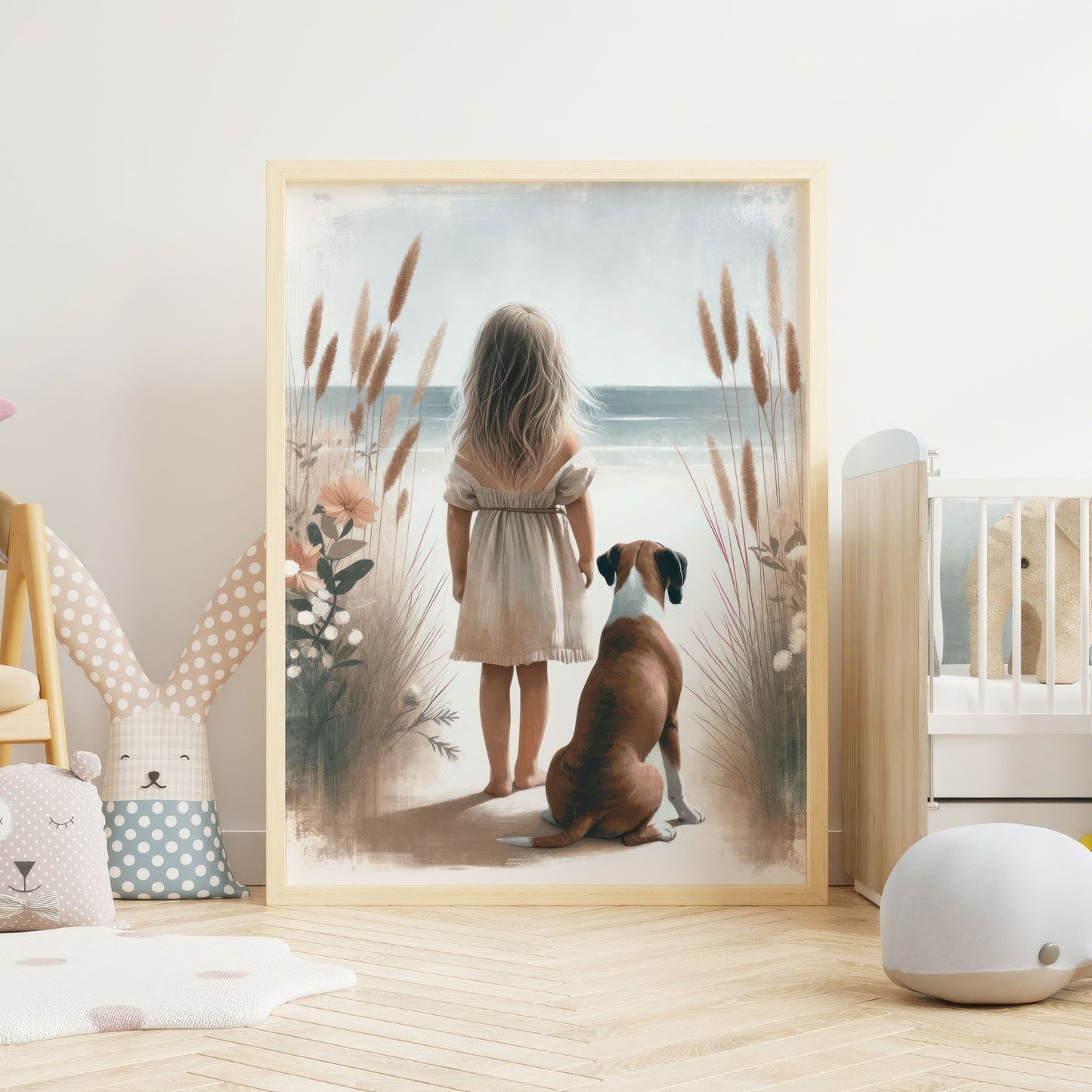 Boxer Dog Print, Vintage Nursery Decor, Girl and Dog Artwork - WildfieldPrints