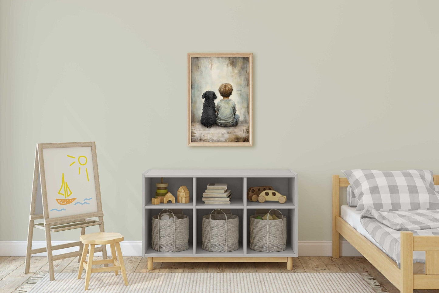 Boy and Black Dog Vintage Art, Heartwarming Nursery Decor, Wall Art Download - WildfieldPrints