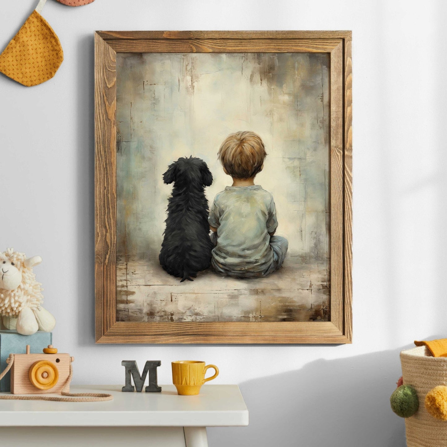 Boy and Black Dog Vintage Art, Heartwarming Nursery Decor, Wall Art Download - WildfieldPrints
