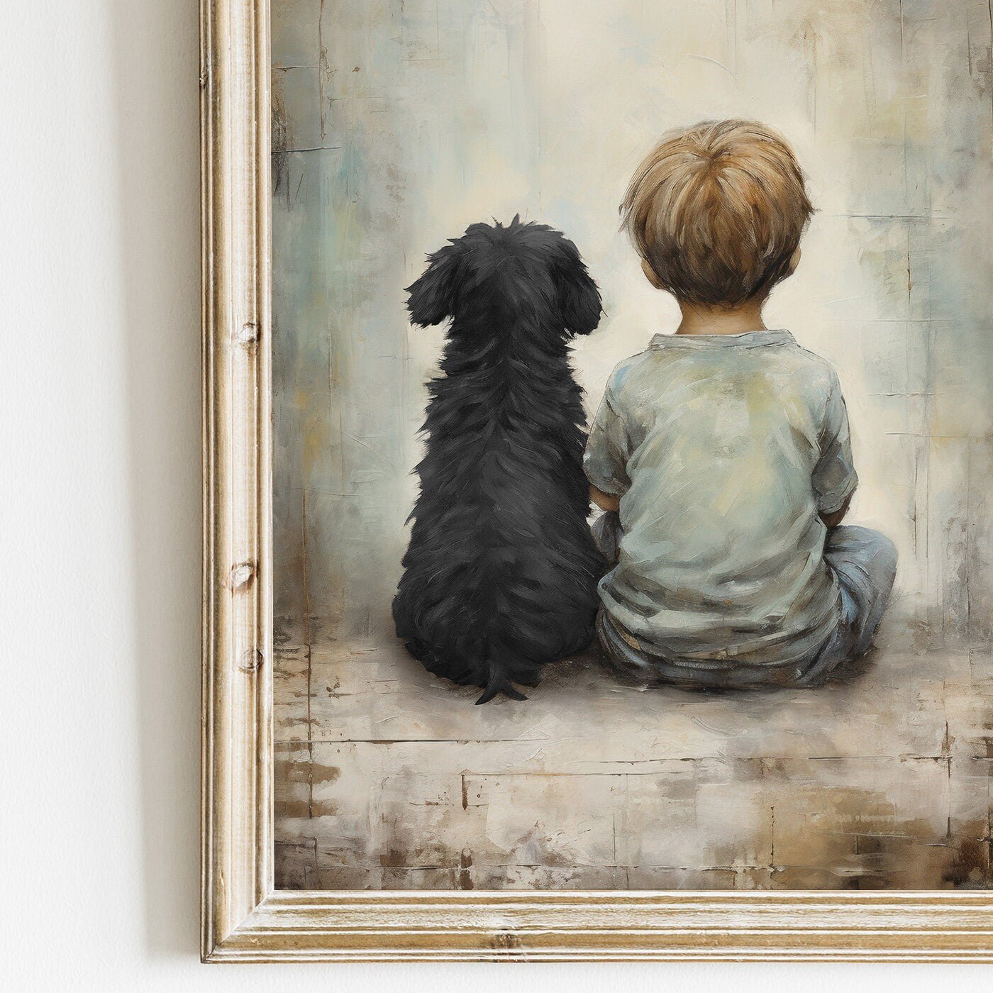 Boy and Black Dog Vintage Art, Heartwarming Nursery Decor, Wall Art Download - WildfieldPrints