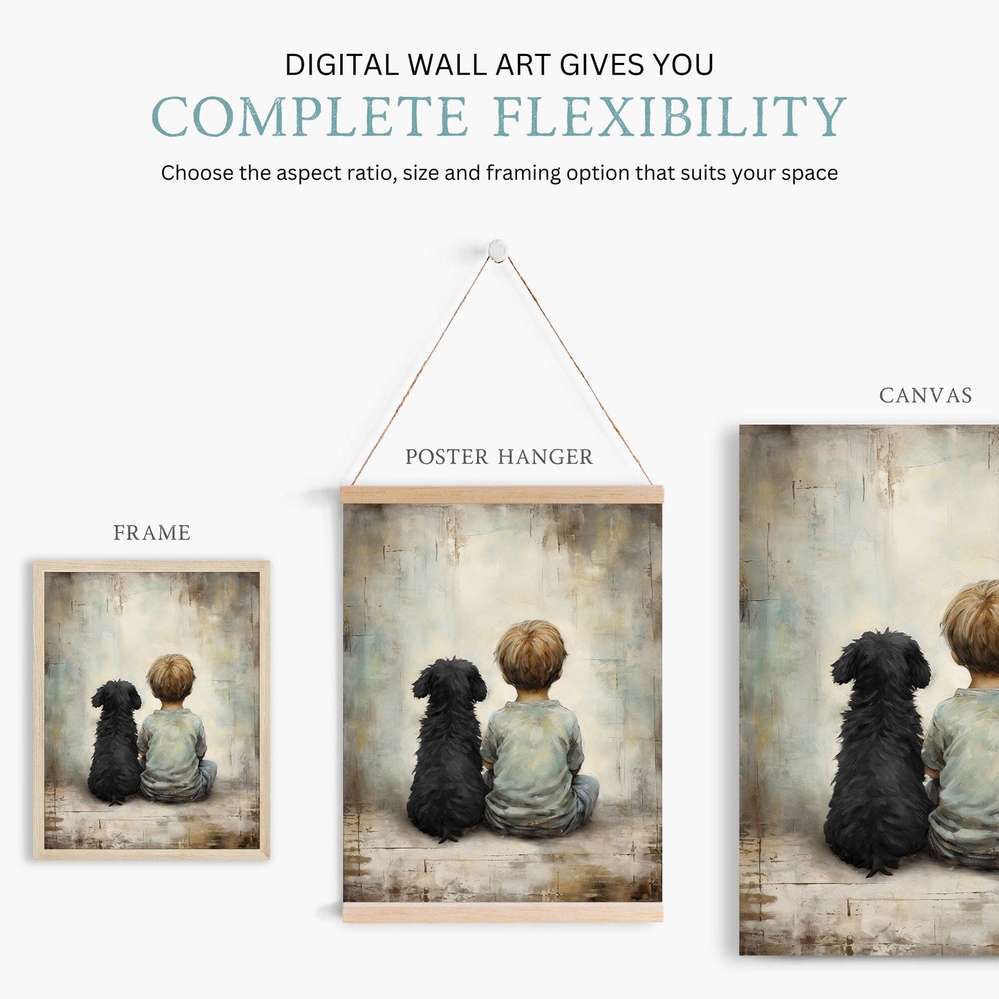 Boy and Black Dog Vintage Art, Heartwarming Nursery Decor, Wall Art Download - WildfieldPrints