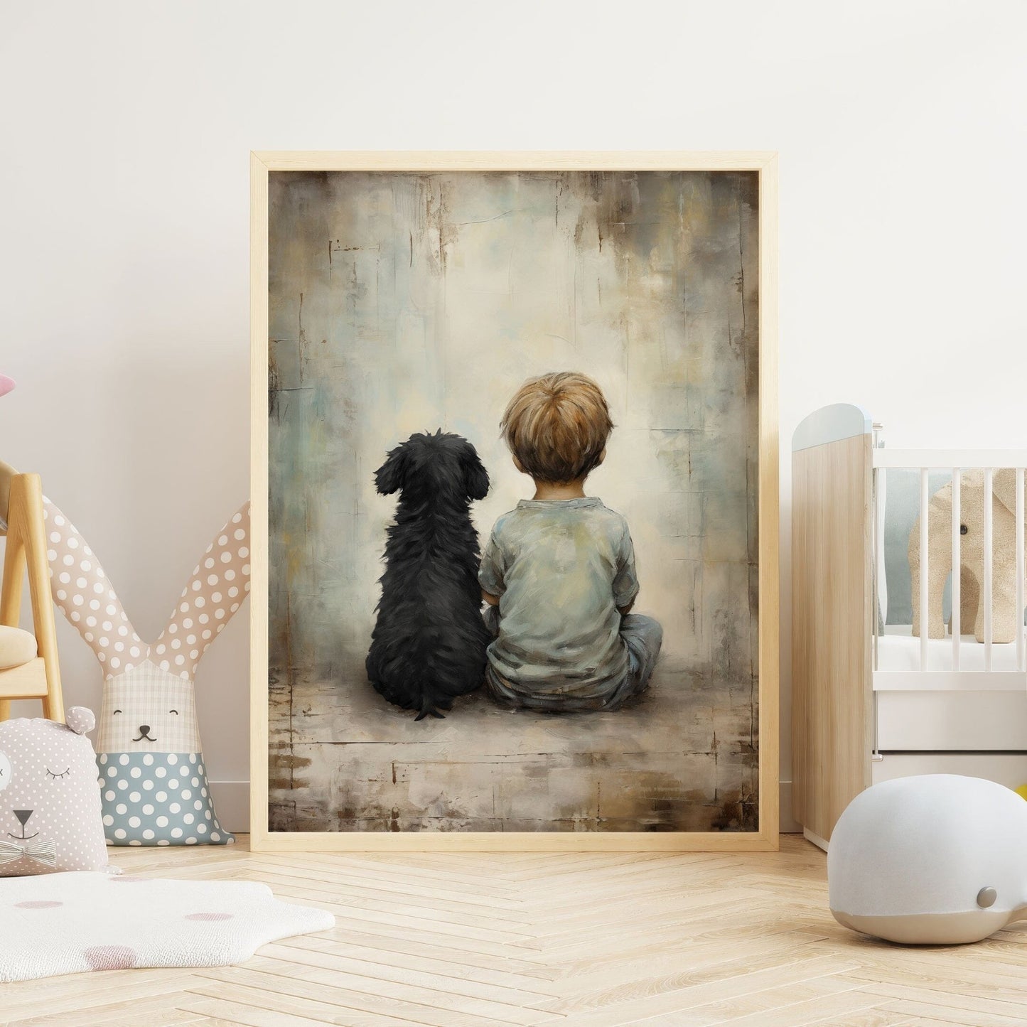 Boy and Black Dog Vintage Art, Heartwarming Nursery Decor, Wall Art Download - WildfieldPrints