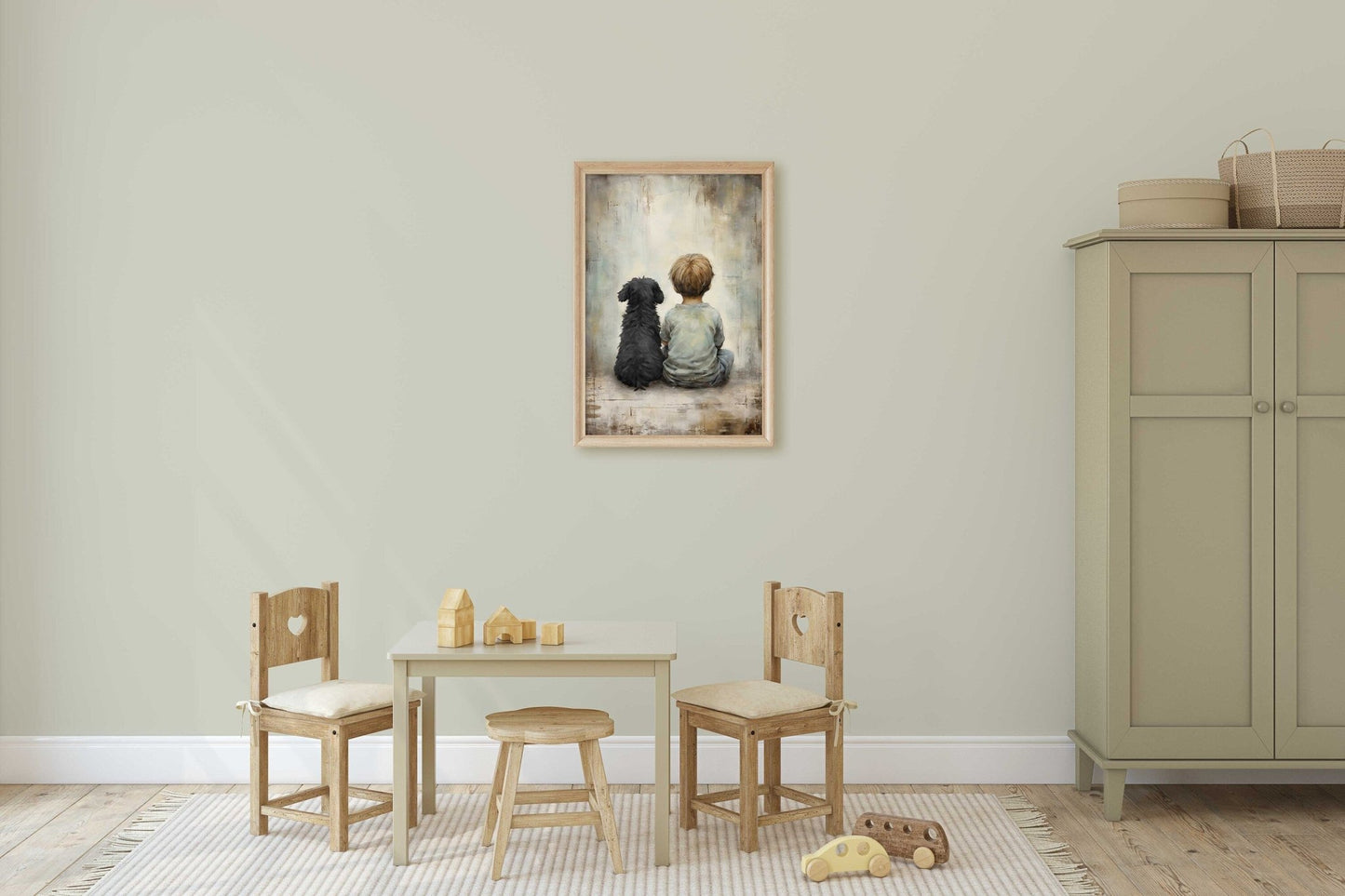 Boy and Black Dog Vintage Art, Heartwarming Nursery Decor, Wall Art Download - WildfieldPrints