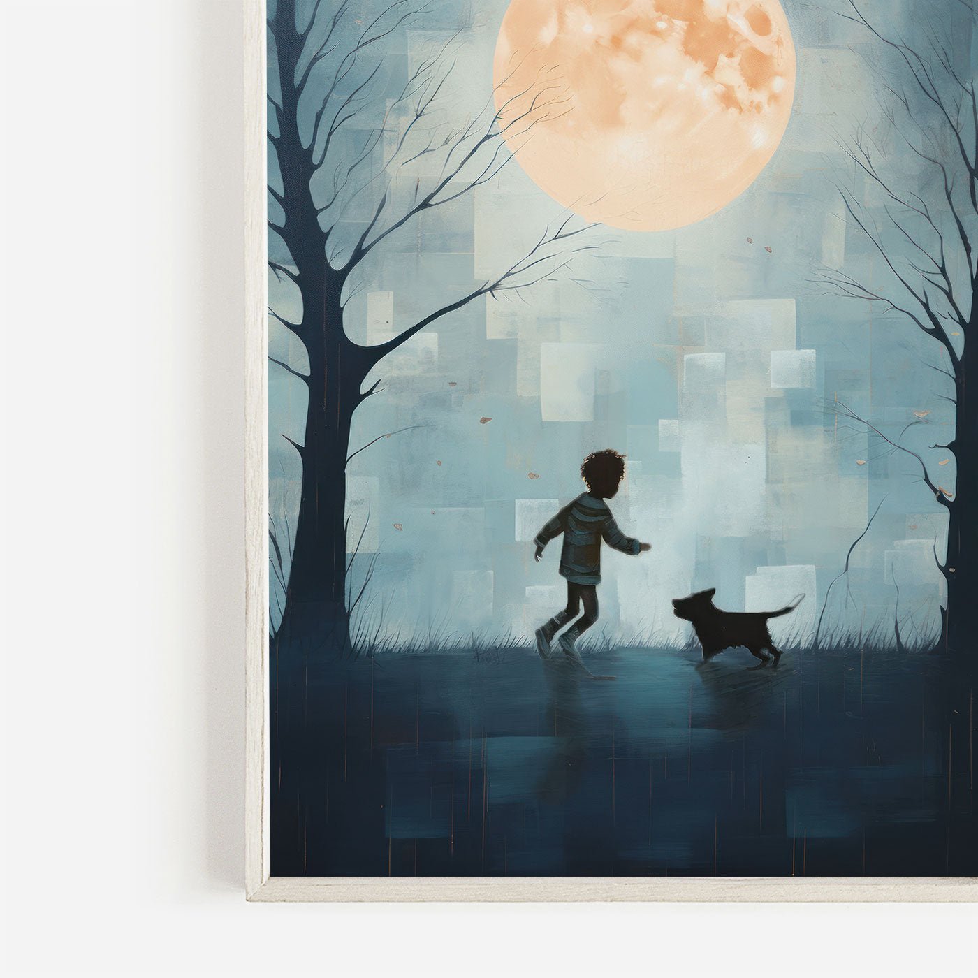 Boy and Dog Art, Whimsical Nursery Decor, Teal Bedroom Accent - WildfieldPrints