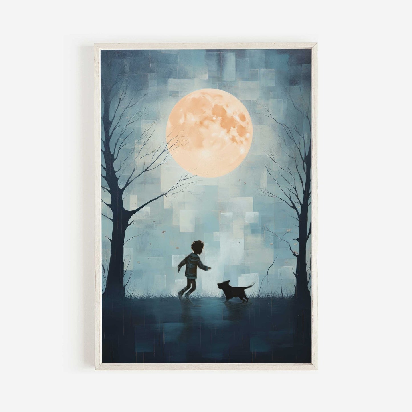 Boy and Dog Art, Whimsical Nursery Decor, Teal Bedroom Accent - WildfieldPrints