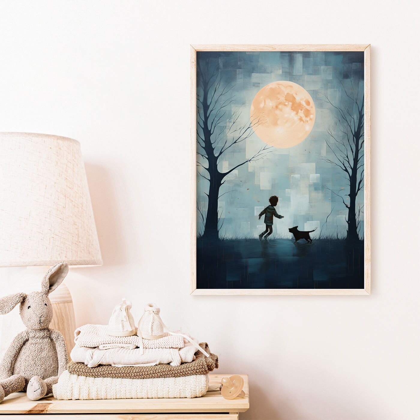 Boy and Dog Art, Whimsical Nursery Decor, Teal Bedroom Accent - WildfieldPrints