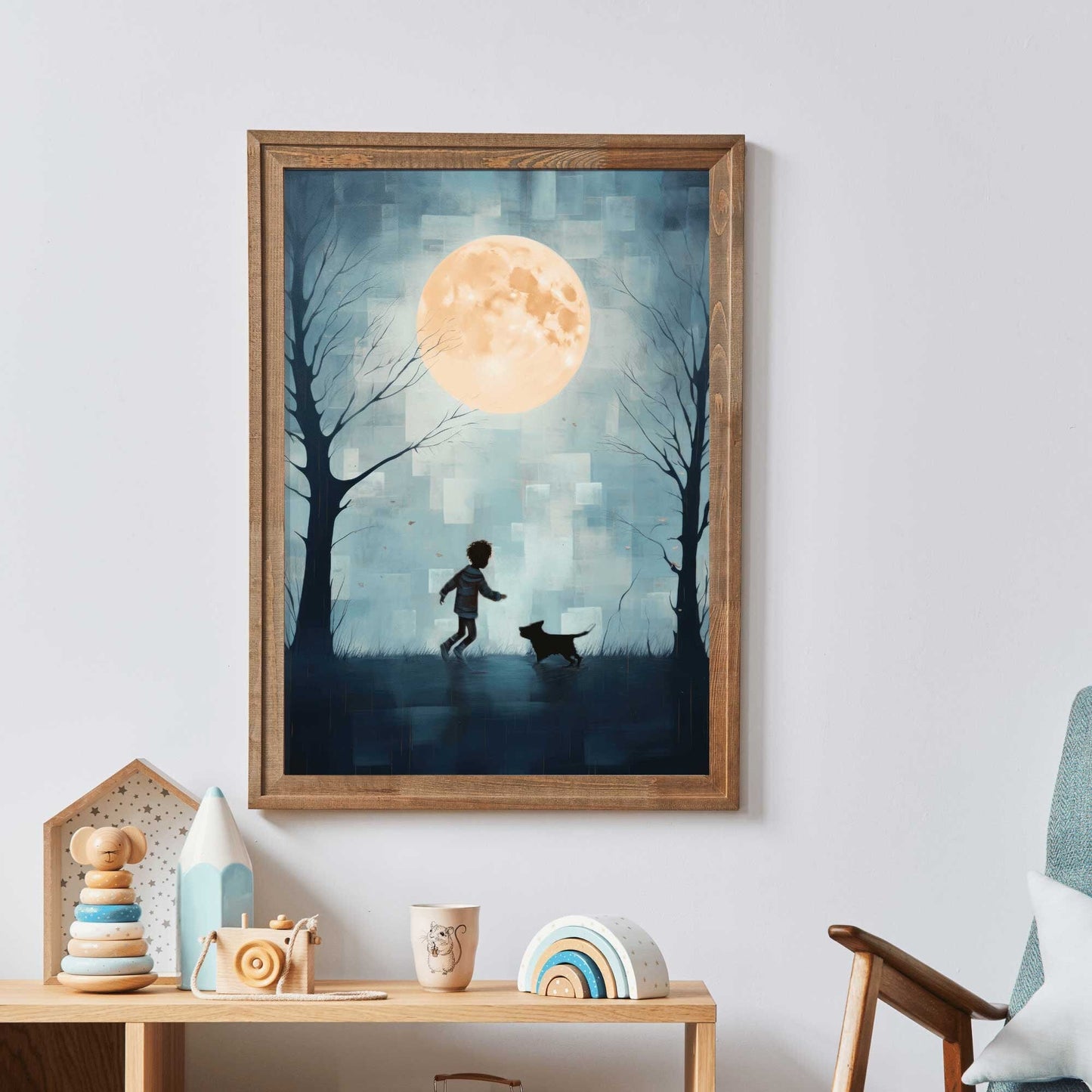 Boy and Dog Art, Whimsical Nursery Decor, Teal Bedroom Accent - WildfieldPrints