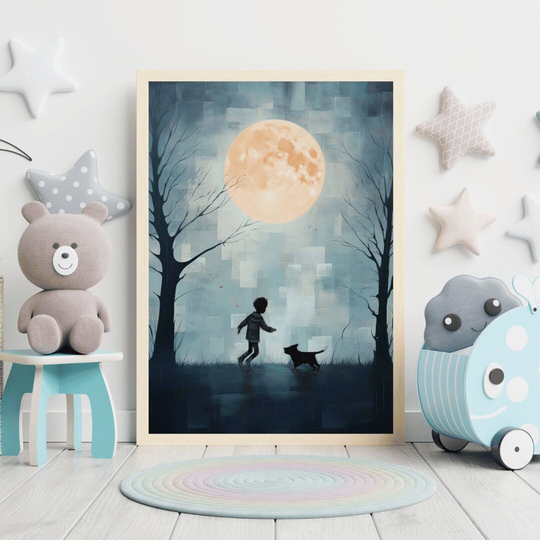 Boy and Dog Art, Whimsical Nursery Decor, Teal Bedroom Accent - WildfieldPrints