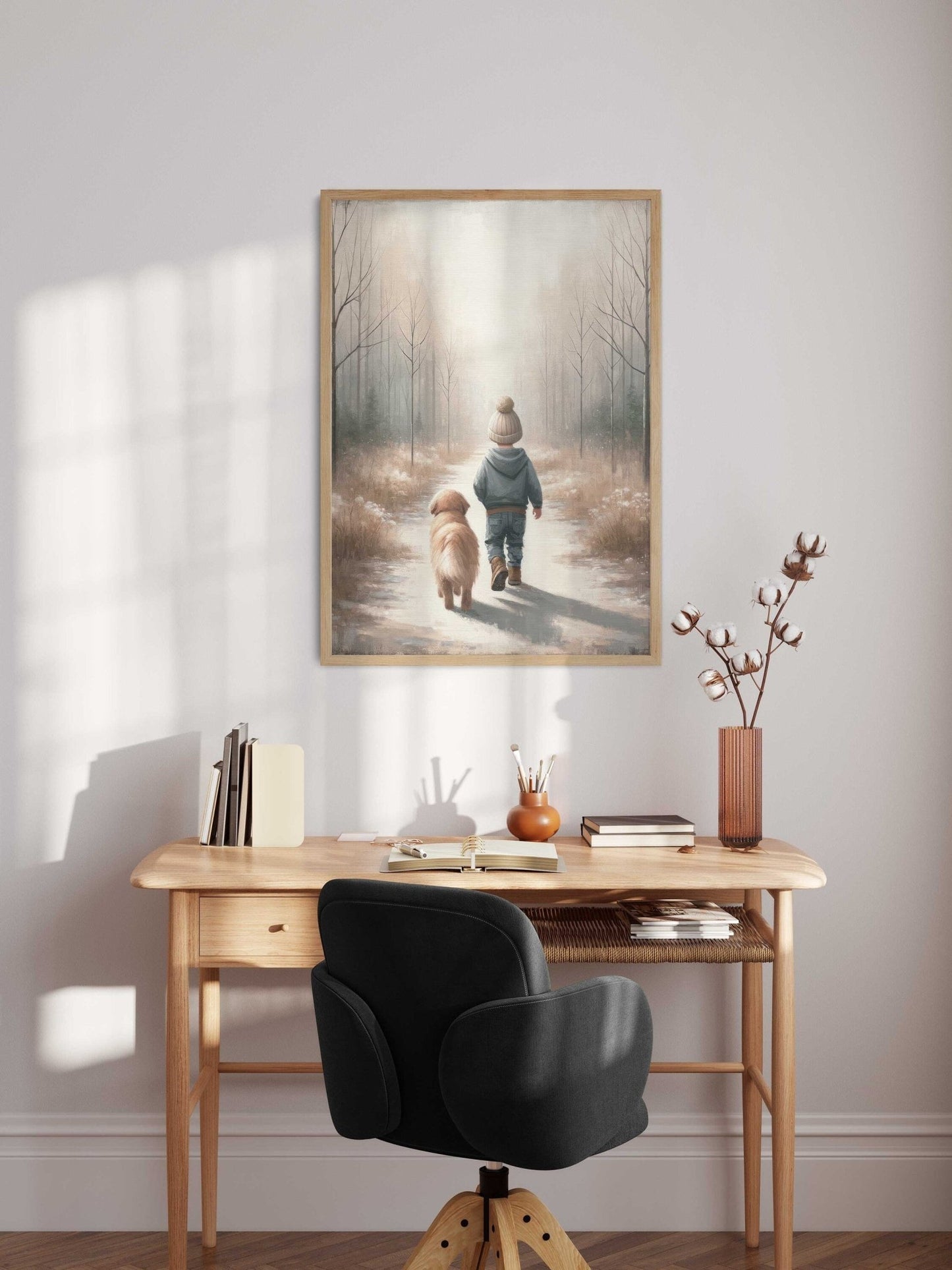 Boy and Dog Print, Golden Retriever Nursery Decor, Rustic Design, Puppy Art - WildfieldPrints