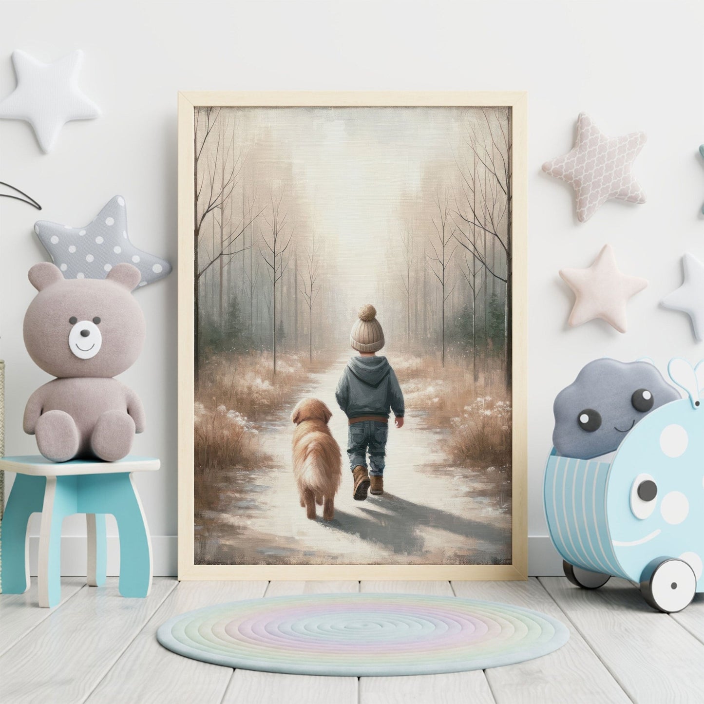 Boy and Dog Print, Golden Retriever Nursery Decor, Rustic Design, Puppy Art - WildfieldPrints