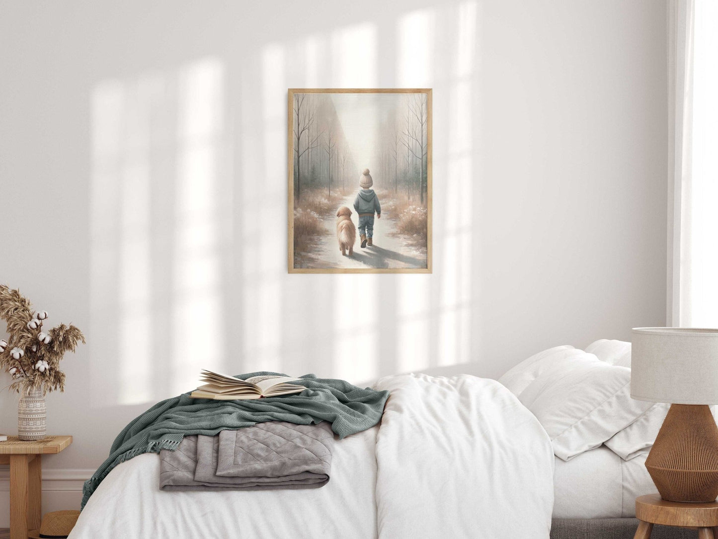 Boy and Dog Print, Golden Retriever Nursery Decor, Rustic Design, Puppy Art - WildfieldPrints