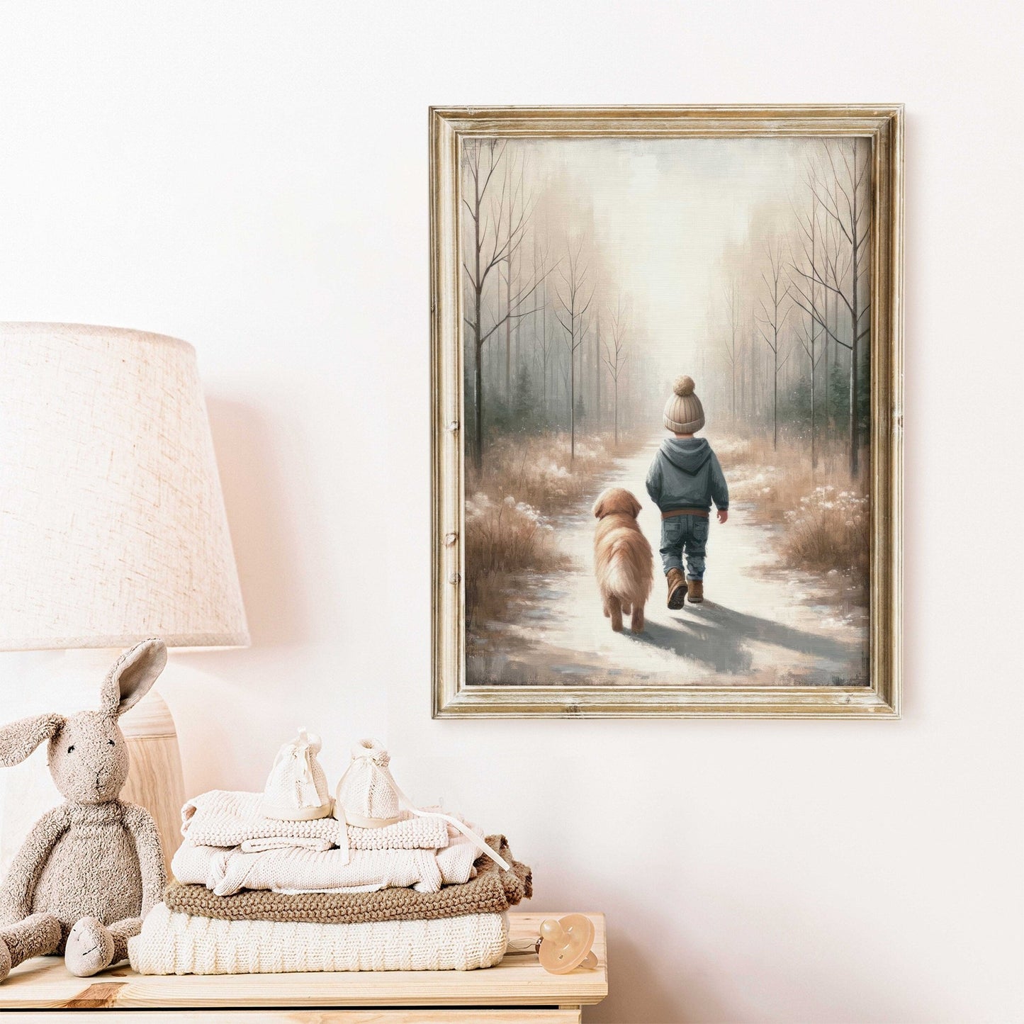 Boy and Dog Print, Golden Retriever Nursery Decor, Rustic Design, Puppy Art - WildfieldPrints