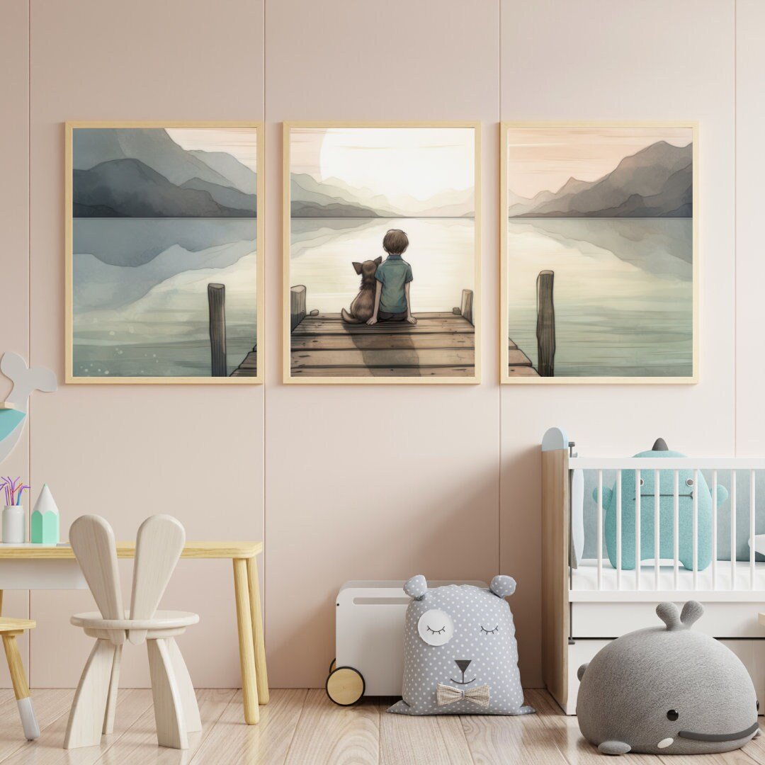 Boy and Dog Print, Nursery Decor for Kids, Whimsical Dog Art - WildfieldPrints
