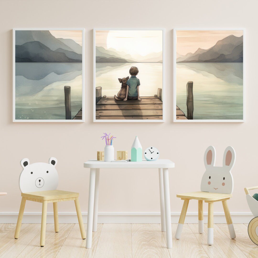 Boy and Dog Print, Nursery Decor for Kids, Whimsical Dog Art - WildfieldPrints