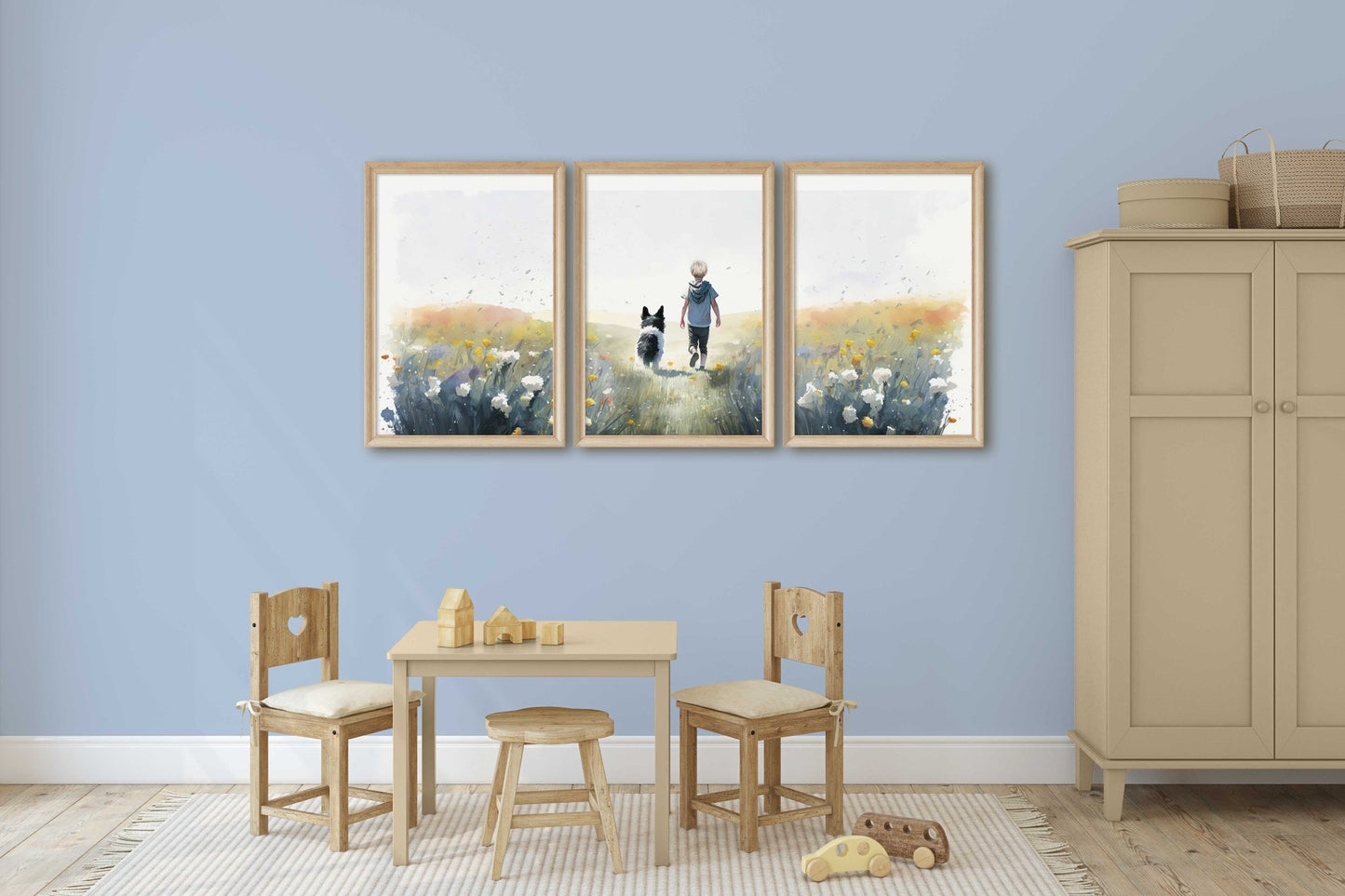 Boy and Dog Prints, Border Collie Nursery Decor, Kids Room Wall Art - WildfieldPrints