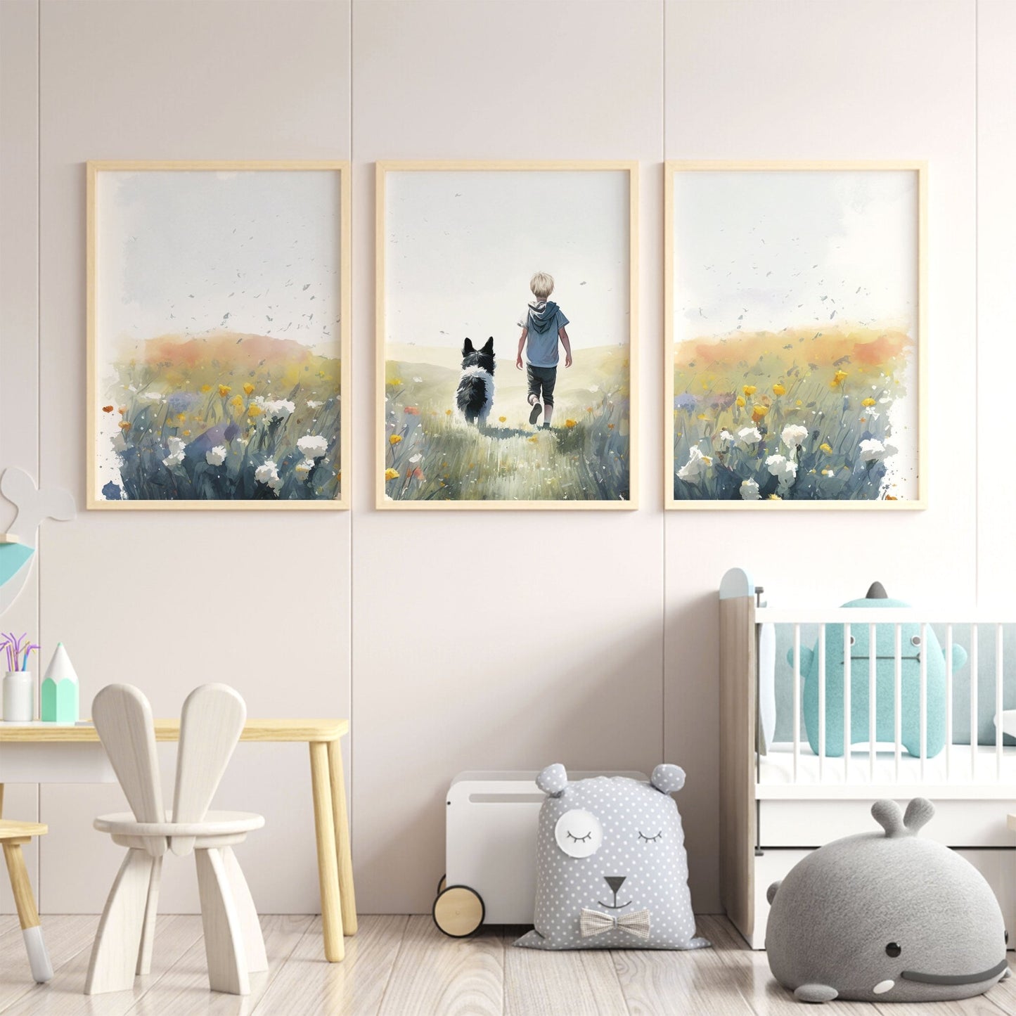 Boy and Dog Prints, Border Collie Nursery Decor, Kids Room Wall Art - WildfieldPrints