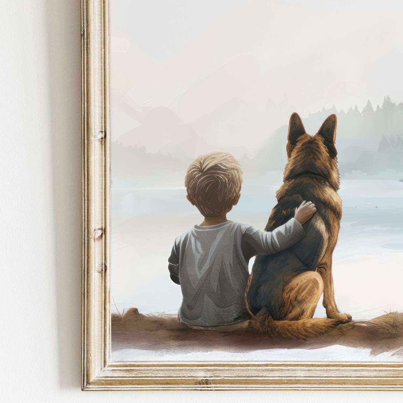 Boy and German Shepherd Prints, Dog Nursery Decor, Wall Art Collection - WildfieldPrints