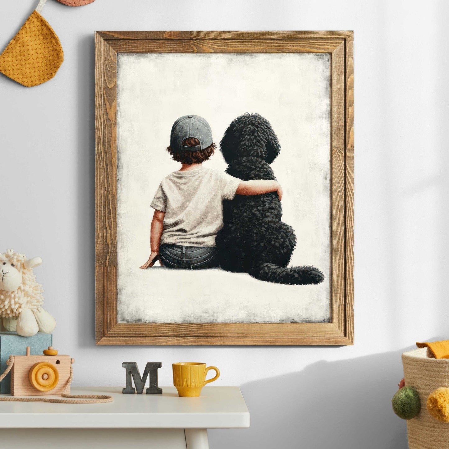 Boy & Black Goldendoodle Print, Vintage - Inspired Nursery Decor - WildfieldPrints