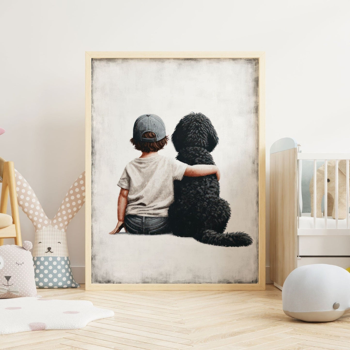 Boy & Black Goldendoodle Print, Vintage - Inspired Nursery Decor - WildfieldPrints