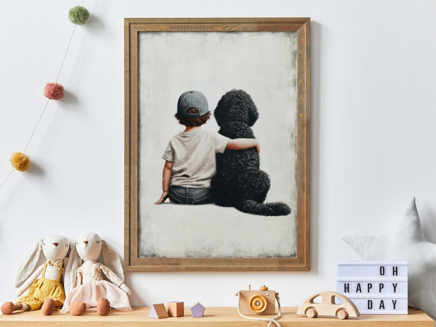Boy & Black Goldendoodle Print, Vintage - Inspired Nursery Decor - WildfieldPrints