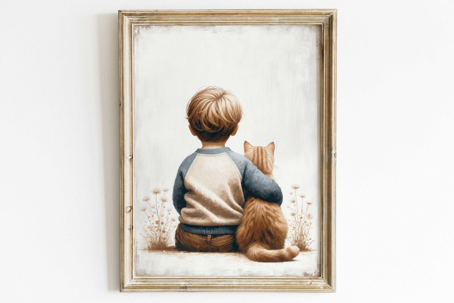 Boy & Cat Painting, Cat Nursery Print, Boy's Room Wall Decor - WildfieldPrints