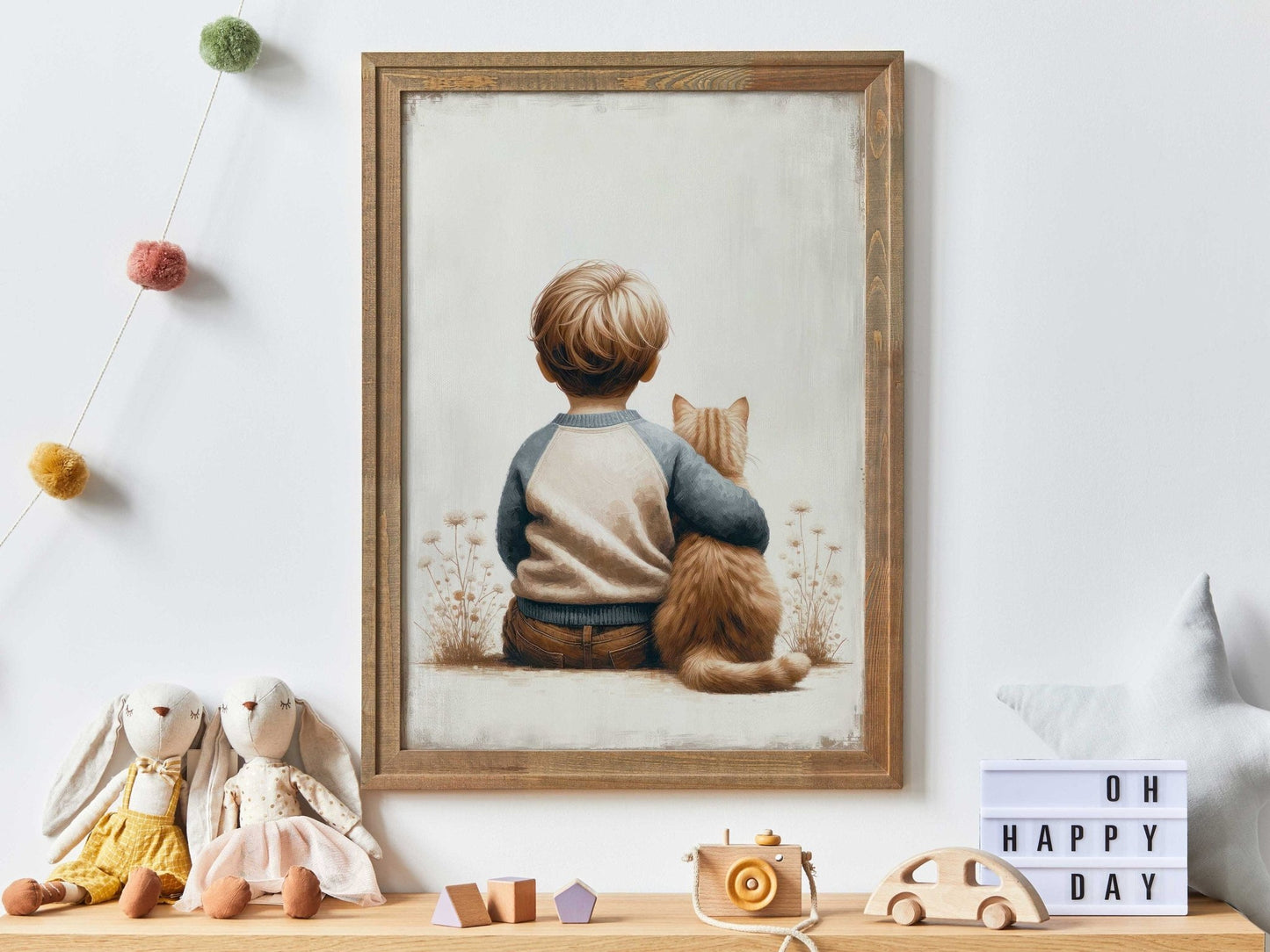 Boy & Cat Painting, Cat Nursery Print, Boy's Room Wall Decor - WildfieldPrints