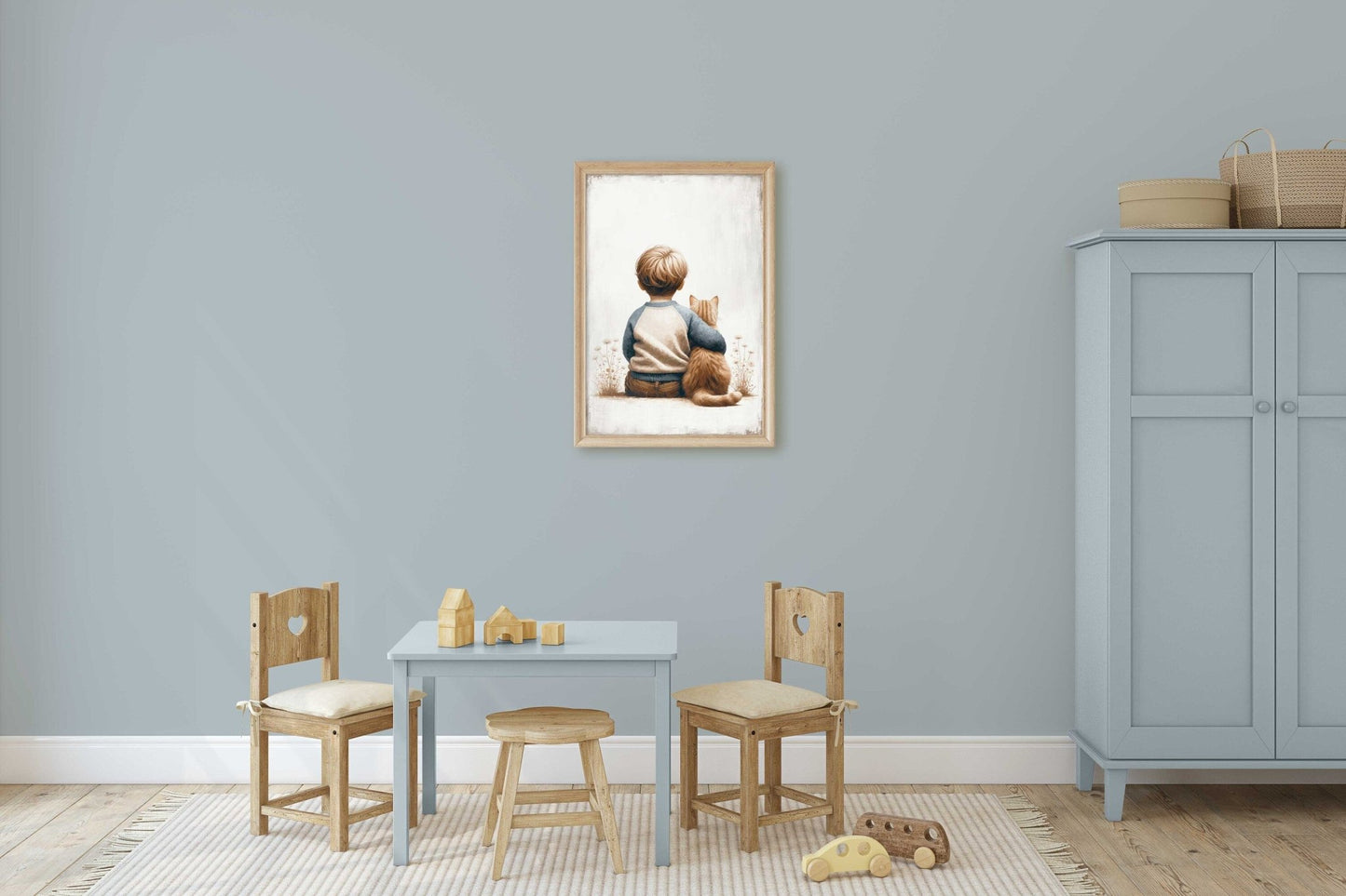 Boy & Cat Painting, Cat Nursery Print, Boy's Room Wall Decor - WildfieldPrints