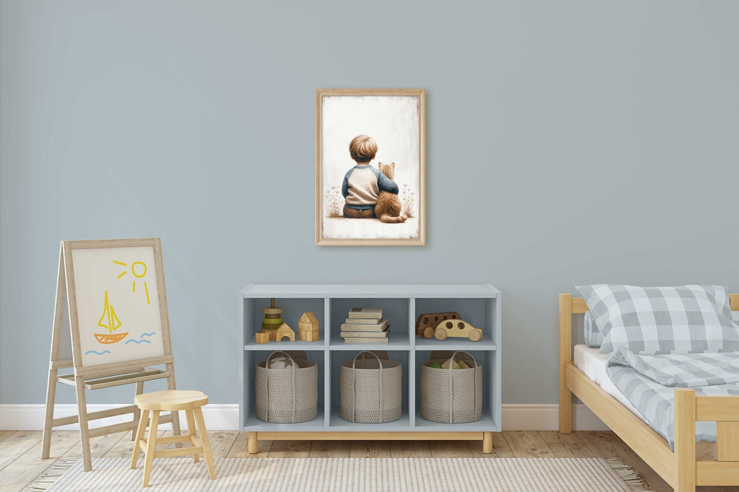 Boy & Cat Painting, Cat Nursery Print, Boy's Room Wall Decor - WildfieldPrints